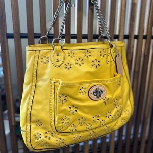 Coach Poppy Eyelet Marigold Leather Medium Chain Strap Tote Shoulder Bag 22438